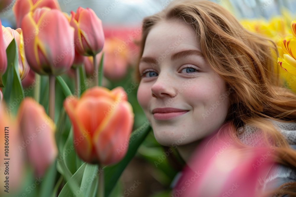 Generative AI Image of a Person Surrounded by Vibrant Tulips in a Greenhouse Garden Generative AI Image of a Person Surrounded by Vibrant Tulips in a Greenhouse Garden