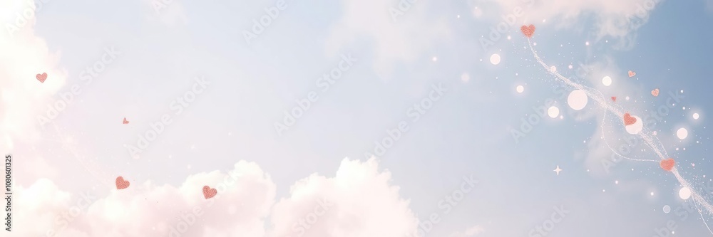 Fototapeta premium Ethereal rose gold abstract heart shape background with delicate celestial elements and wispy clouds floating in a soft blue sky, sky, universe, dreamy