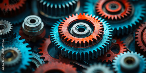 Vibrant Red and Blue Interlocking Gears on Teal Background Representing Teamwork and Precision