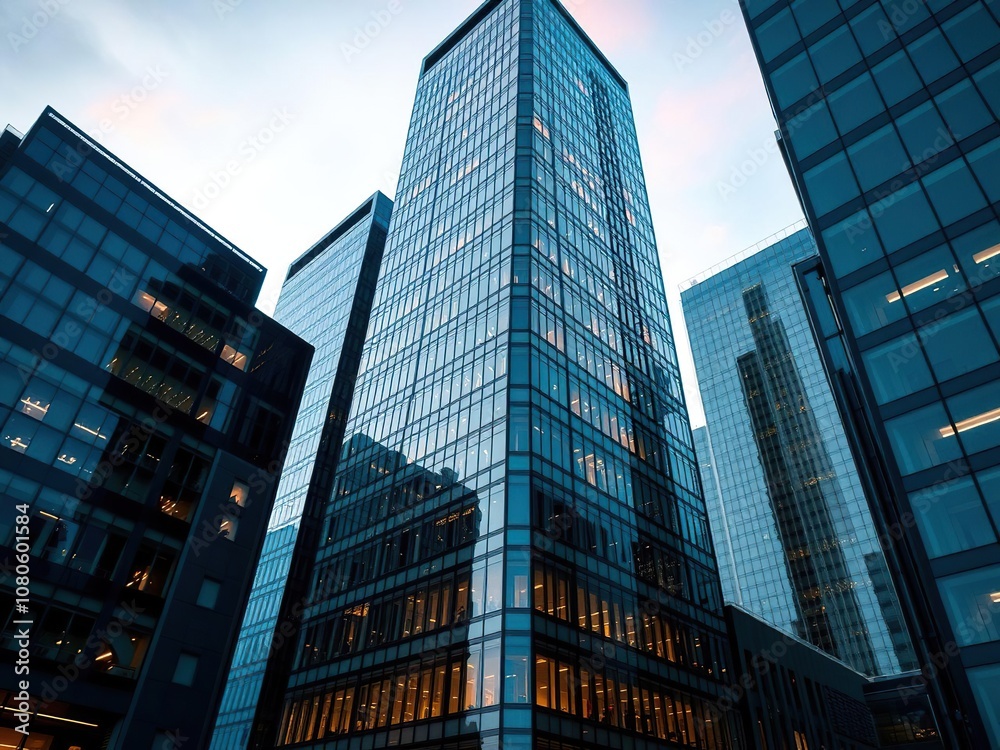Naklejka premium Modern glass and steel high-rise building exterior at dawn, modern architecture, steel structure, building exterior