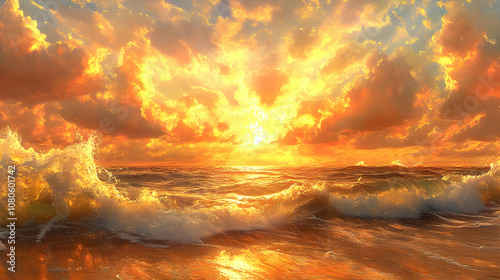 Golden Sunset Sea Illustration