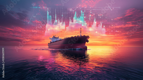 Cargo ship sailing through calm waters at sunset with digital data graph overlay showing trends and market analysis.