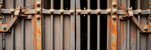 Weathered metal gate with rusty hinges and patina, crumbling stone, muted colors