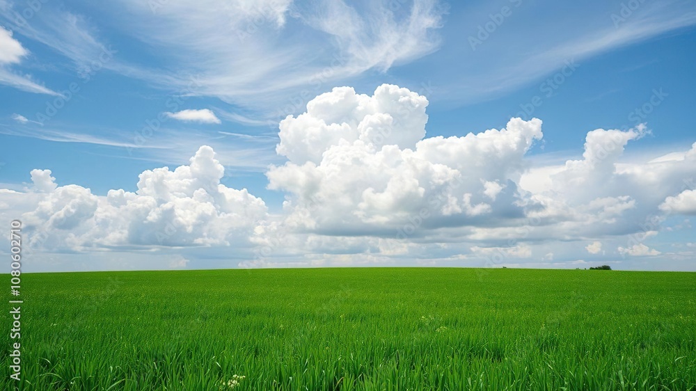 Obraz premium Clouds gather over emerald field in spring, stormy weather, field of dreams, spring storm clouds