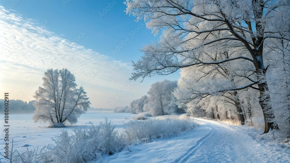 Obraz premium Frosty morning landscape with snow-covered trees and a serene blue sky background evoking winter wonderland, winter wonderland, frozen lake, frosty morning, icy mountains, peaceful atmosphere