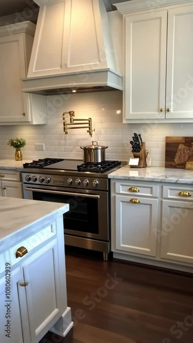 A modern kitchen with white cabinets, stainless steel appliances, and gold hardware