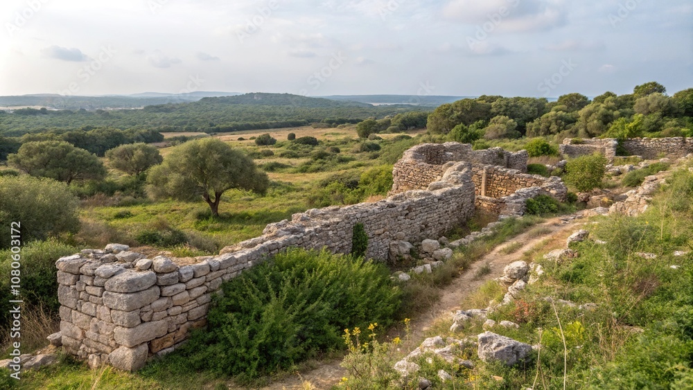 Overgrown with vegetation, ancient stone walls and ruins in the Giara di Siddi, Italy's natural landscape and wildlife, italy, wildflowers Overgrown with vegetation, ancient stone walls and ruins in the Giara di Siddi, Italy's natural landscape and wildlife, italy, wildflowers