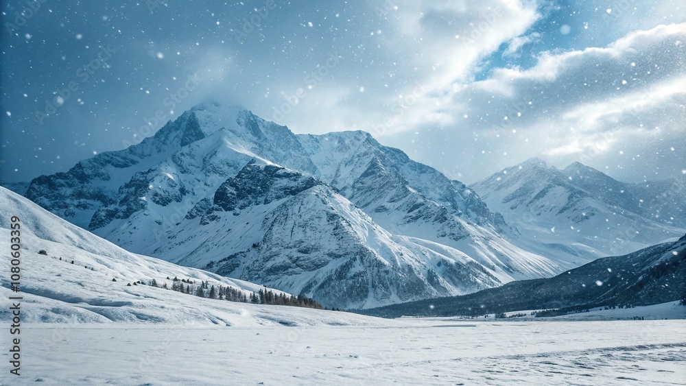 Snowy mountain range with snow falling from the sky, snowy valleys, frosted ridges Snowy mountain range with snow falling from the sky, snowy valleys, frosted ridges