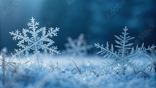 Soft blue light illuminates a field of frosty snowflakes, each one unique and delicate in its own right, pale blue hue, gentle drifts, winter wonderland, frosty landscape