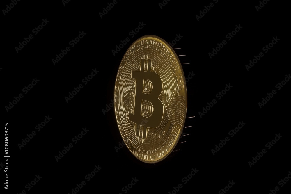 Golden bitcoin coin standing out against a dark background, symbolizing the allure and significance of cryptocurrency in a minimalist style
