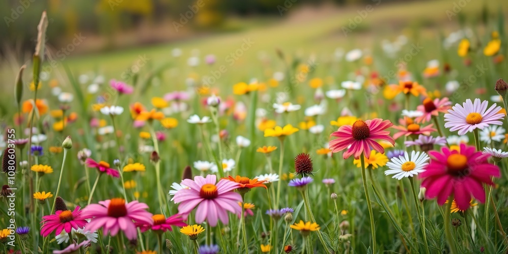 Obraz premium A picturesque meadow filled with a variety of colorful wildflowers swaying gently in the breeze on an autumnal day, gentle breeze, field, background