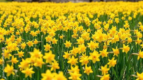 A sea of bright yellow daffodils stretches across a sun-kissed springtime meadow, swaying gently in the breeze, landscape, flowerfield, flowers