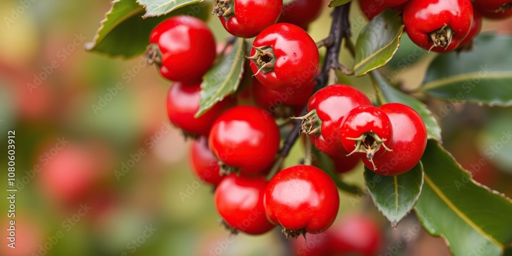 Close-up of hawthorn berries turning red during ripening, autumnal, berry Close-up of hawthorn berries turning red during ripening, autumnal, berry
