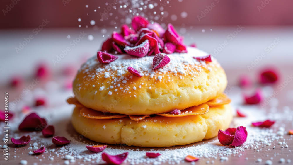 A mouth-watering stack of kunafa drizzled with pink sauce, dusted with rose petals and powdered sugar on a wooden surface. A mouth-watering stack of kunafa drizzled with pink sauce, dusted with rose petals and powdered sugar on a wooden surface.