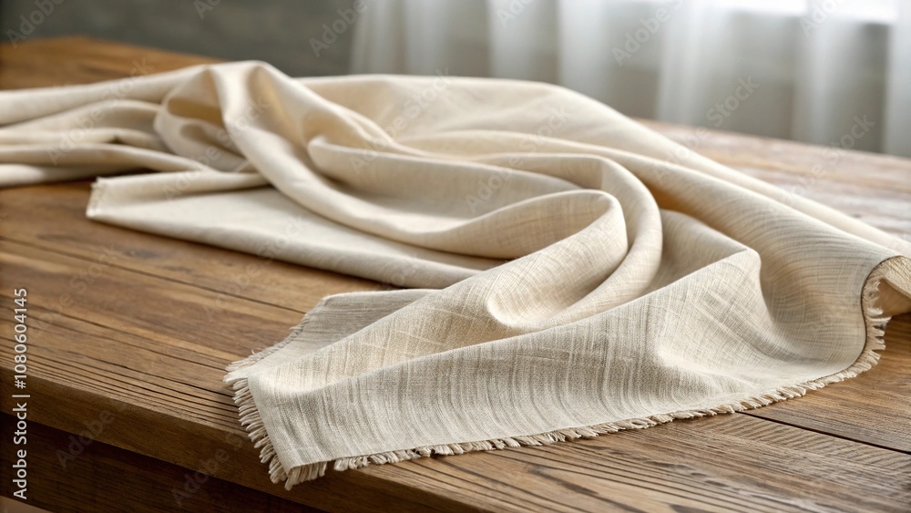 Fine woven cloth with subtle wrinkles and folds, gently draped over a wooden table, wood furniture, autumn decor, textured fabric, rustic texture Fine woven cloth with subtle wrinkles and folds, gently draped over a wooden table, wood furniture, autumn decor, textured fabric, rustic texture