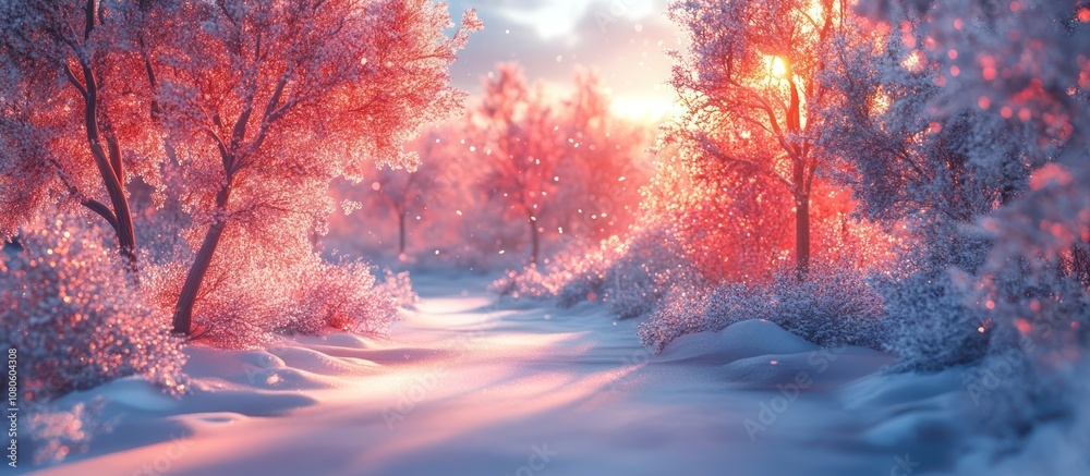 A snowy path through a forest with pink-tinged trees in a winter sunset. A snowy path through a forest with pink-tinged trees in a winter sunset.