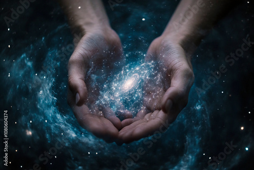 Hands holding a galaxy, symbolizing the connection between the universe and humanity. photo