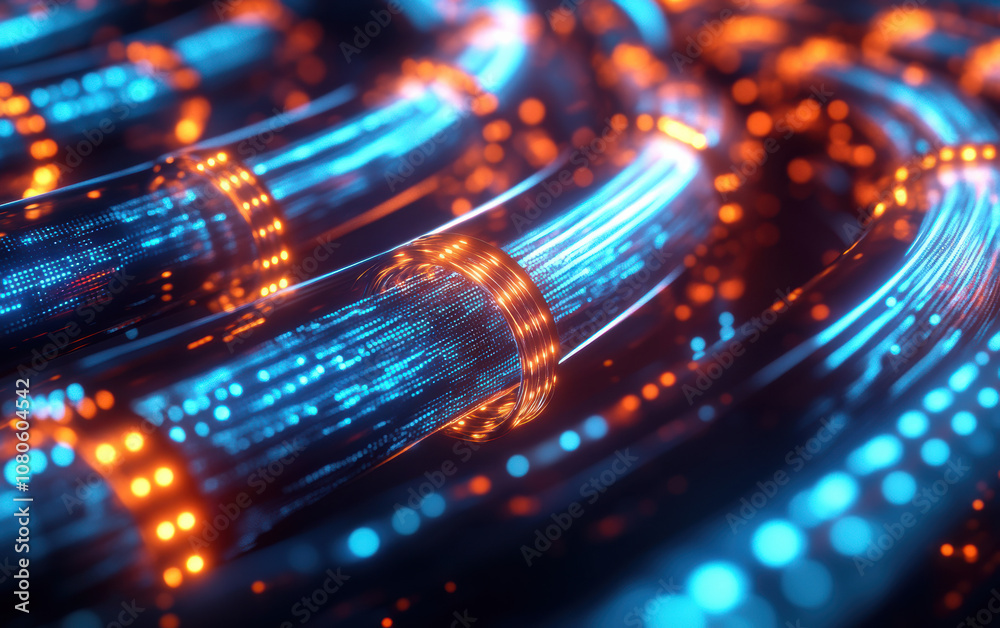 Abstract futuristic technology background with glowing blue and orange digital wires, creating a dynamic and immersive visual experience. Abstract futuristic technology background with glowing blue and orange digital wires, creating a dynamic and immersive visual experience.