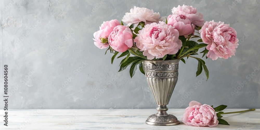 Fototapeta premium Pink peony blooms in a elegant silver vase against a soft gray background, sophisticated look, silver vase