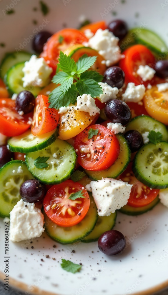Vibrant Greek salad with cucumbers, tomatoes, feta, and olives Vibrant Greek salad with cucumbers, tomatoes, feta, and olives