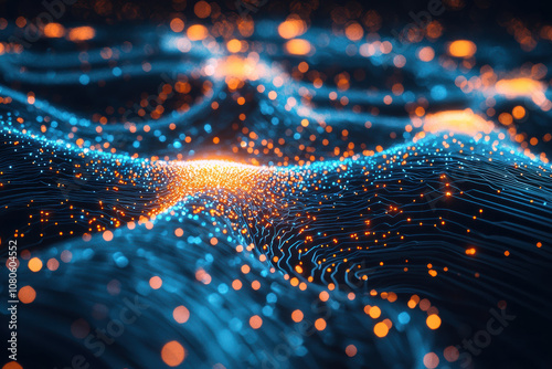 Stunning abstract landscape featuring glowing lines and vibrant particles, creating a mesmerizing digital scene filled with depth and motion.