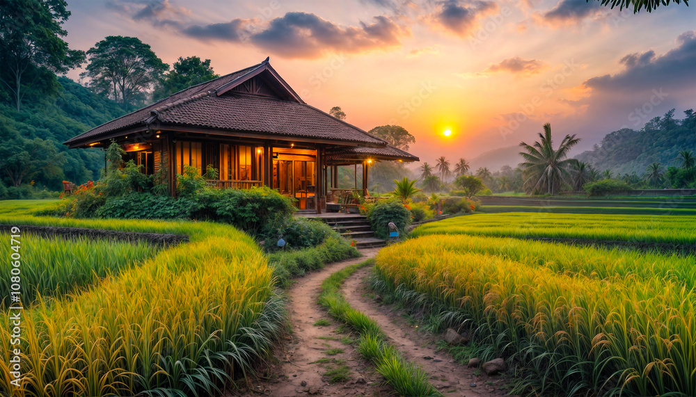 Fototapeta premium Cottage in a rice field among mountains covered with forest