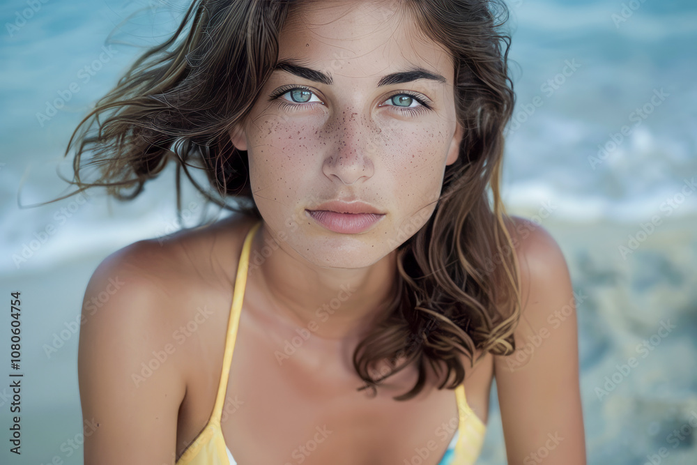Close-up of a young woman with freckles and blue eyes enjoying a peaceful day at the beach Close-up of a young woman with freckles and blue eyes enjoying a peaceful day at the beach