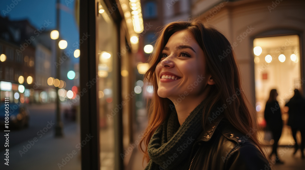 Festive Holiday Shopping Moment - Happy Woman Shopping, Christmas Gifts, City Lights, and Holiday Cheer