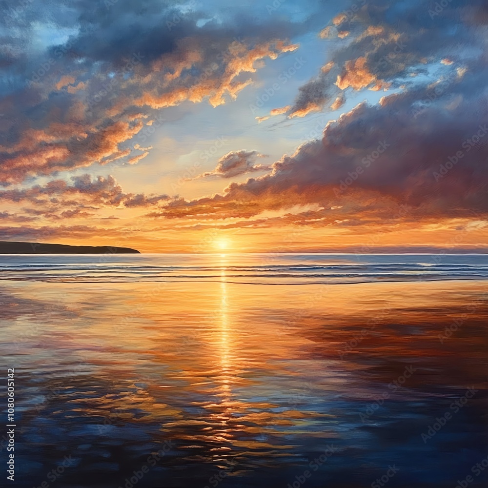 Obraz premium Capture a panoramic view of a serene seaside sunset, evoking heartfelt emotions Blend warm hues and gentle reflections for a touching scene, reminiscent of an emotional journey