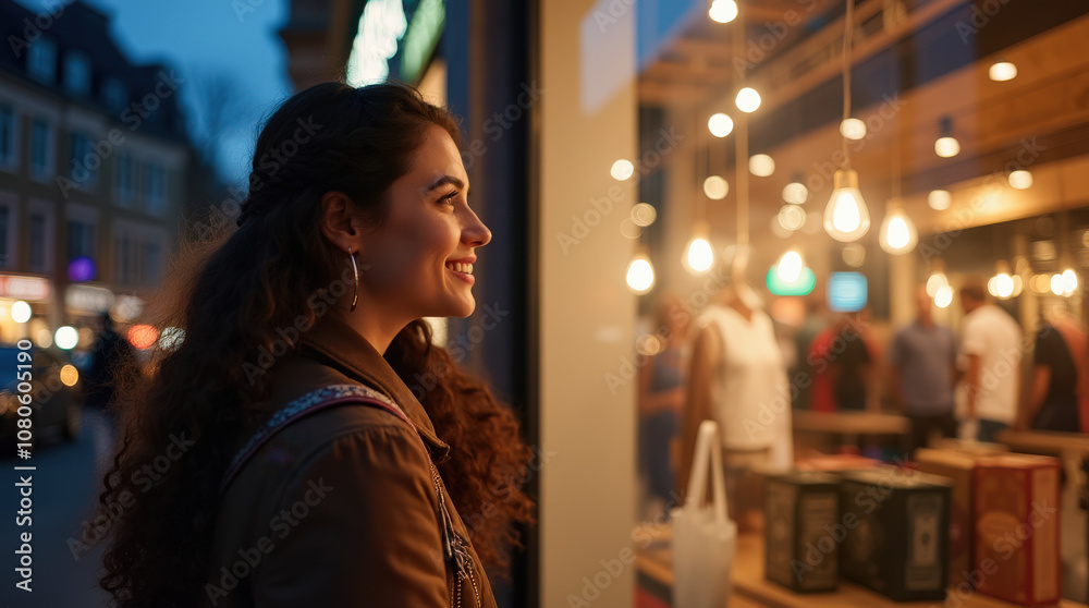 Festive Holiday Shopping Moment - Happy Woman Shopping, Christmas Gifts, City Lights, and Holiday Cheer