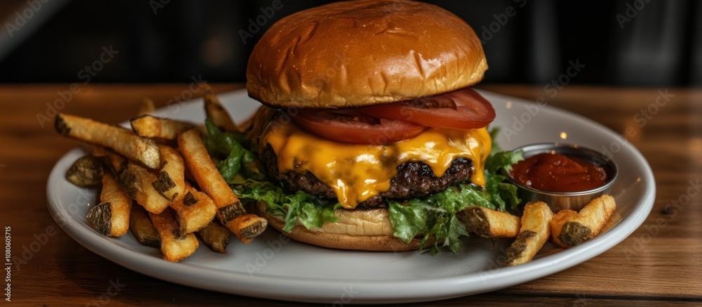 Classic hamburger with melted cheese, lettuce, tomato, and homemade fries Classic hamburger with melted cheese, lettuce, tomato, and homemade fries