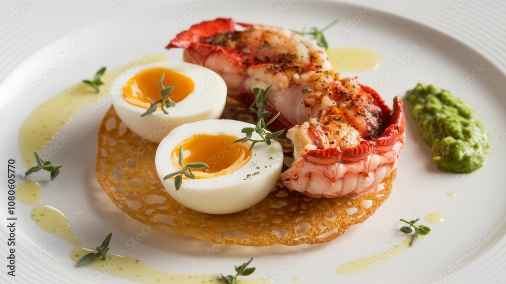 A dish with a taste of truffles and garlic. The dish consists of soft-boiled eggs and lobster tails laid out on a golden brown, crispy pancake with butter. A dish with a taste of truffles and garlic. The dish consists of soft-boiled eggs and lobster tails laid out on a golden brown, crispy pancake with butter.