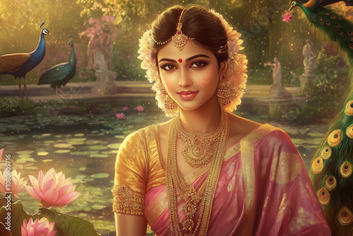 An ethereal portrait of Goddess Lakshmi with soft golden light surrounding her