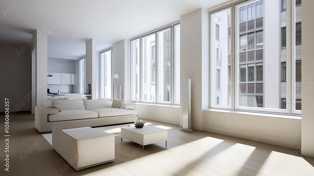 Minimalist studio apartment living room with large windows, bright light, and modern furniture. serene space with white sofa and coffee table Minimalist studio apartment living room with large windows, bright light, and modern furniture. serene space with white sofa and coffee table