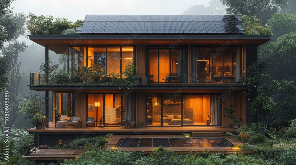 Modern eco-friendly house surrounded by lush greenery. Modern eco-friendly house surrounded by lush greenery.