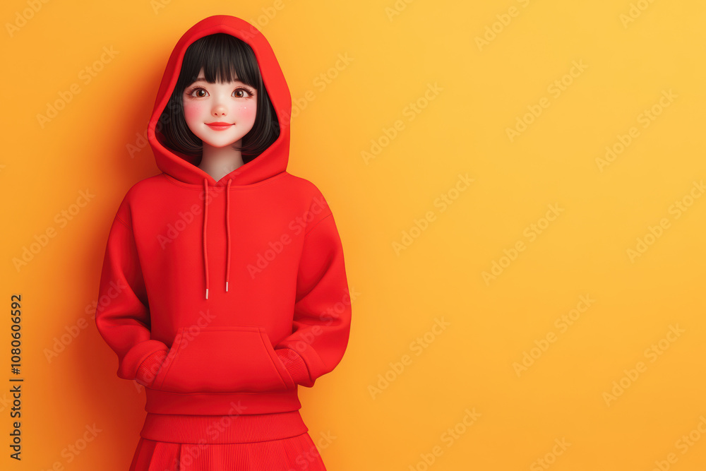 A cheerful young girl wearing a red hoodie against a vibrant yellow background, exuding a fun and playful vibe. A cheerful young girl wearing a red hoodie against a vibrant yellow background, exuding a fun and playful vibe.