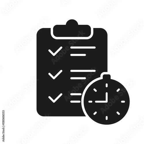 Time Management Silhouette Icon. Checklist On Clipboard And Stopwatch, Productivity, Task Organization and Efficient Time Use. Isolated Vector Illustration