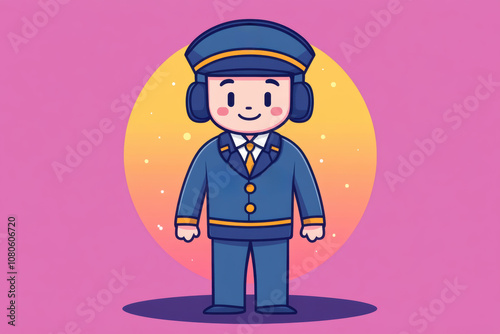 Cute cartoon character of a train conductor in a colorful uniform, featuring a friendly smile, ideal for children's illustrations and educational material.
