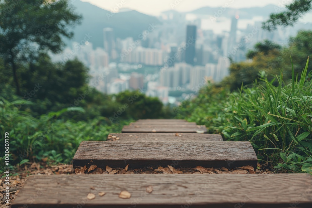 Ascending towards the city: A journey of steps through nature, leading to an urban skyline. Ascending towards the city: A journey of steps through nature, leading to an urban skyline.