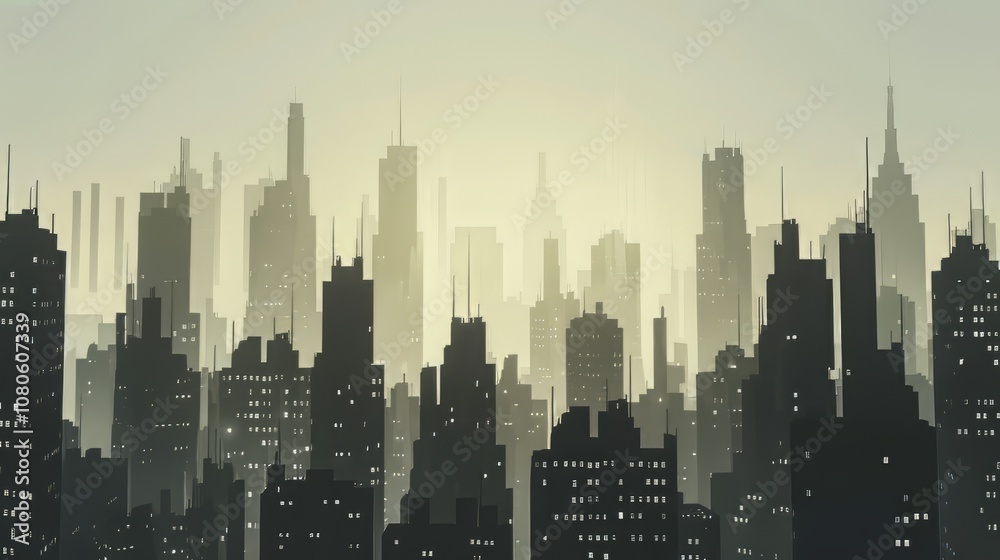 Fototapeta premium A monochromatic urban scene with skyscrapers against a neutral sky, conveying a sense of scale