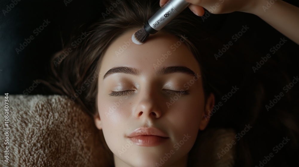 Obraz premium Young woman getting facial massage on couch in spa salon, woman laying eyes closed