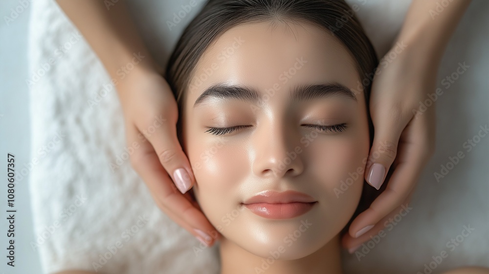 Young woman getting facial massage on couch in spa salon, woman laying eyes closed Young woman getting facial massage on couch in spa salon, woman laying eyes closed