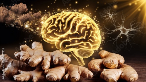 Ginger root with biologically active compounds such as gingerol and shogaol, and its benefits for the brain.  The threat of neurodegenerative diseases, including Alzheimer's disease, is decreasing. photo
