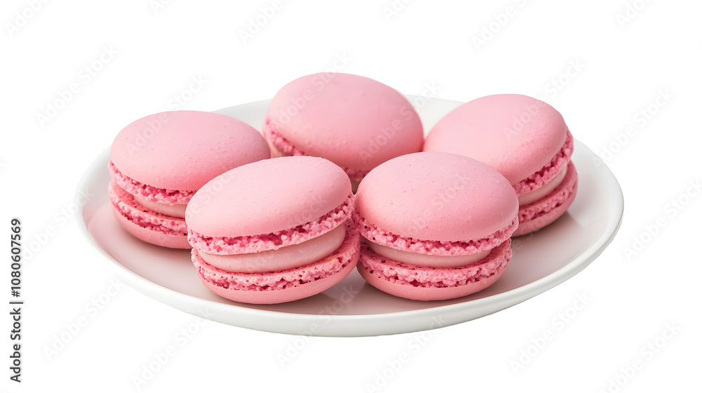 Fototapeta premium Pink macarons on a white plate on a transparent background. isolated background.