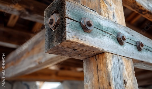 Wooden beams of the frame structure of a rural house under construction with metal decorative bolts, real photo.