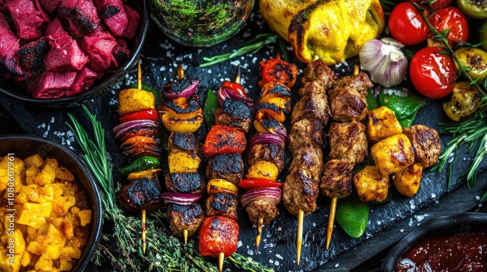 A close-up of colorful street food from different countries, including spicy skewers, sweet pastries, and fresh fruit smoothies. A close-up of colorful street food from different countries, including spicy skewers, sweet pastries, and fresh fruit smoothies.