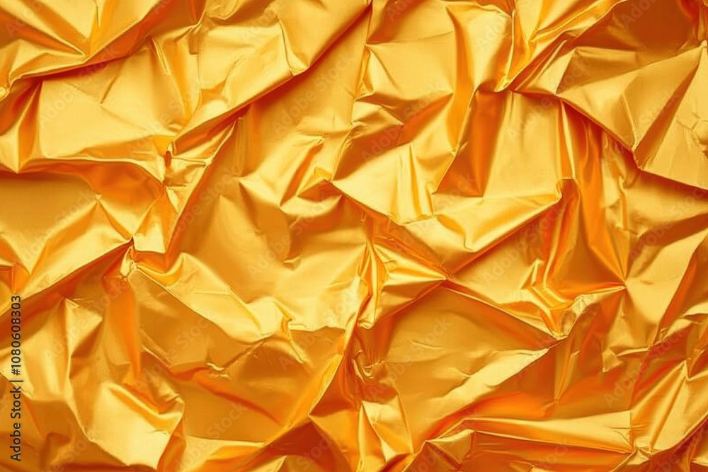 Shimmering golden foil texture with intricate folds, ideal for backgrounds, decorative projects, or luxurious design elements.