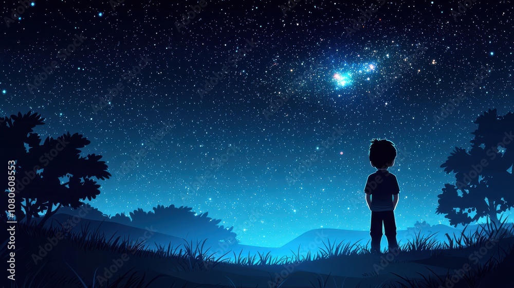 A young boy gazes at a starry night sky, reflecting wonder and curiosity, surrounded by silhouettes of trees and hills beneath the cosmos. A young boy gazes at a starry night sky, reflecting wonder and curiosity, surrounded by silhouettes of trees and hills beneath the cosmos.