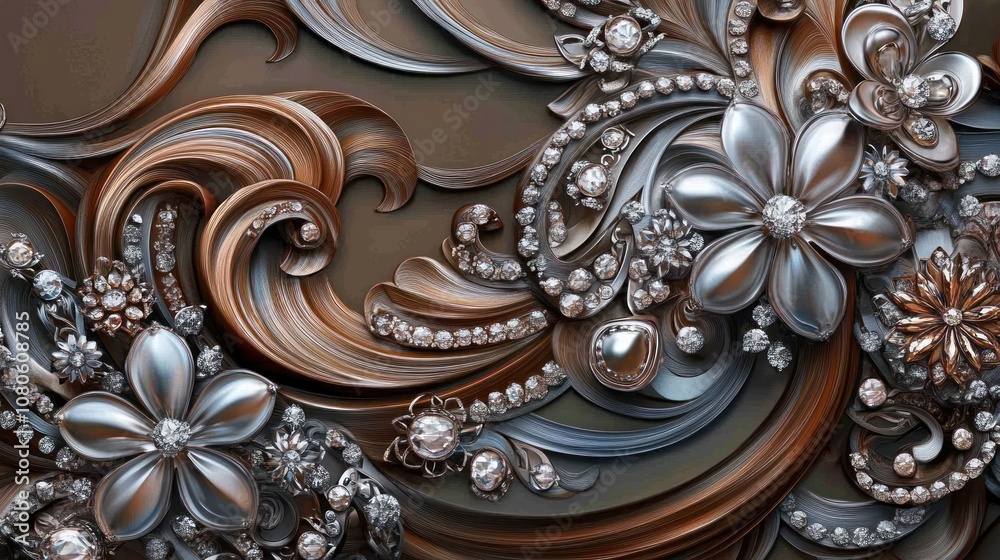 Ornate design featuring floral patterns and intricate swirls in metallic tones. Ornate design featuring floral patterns and intricate swirls in metallic tones.