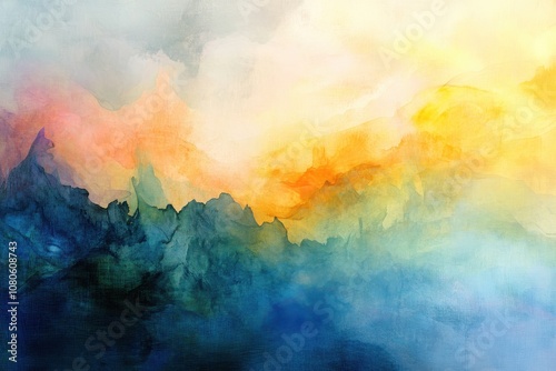 Abstract Watercolor Painting of Mountain Range with Sunset Sky